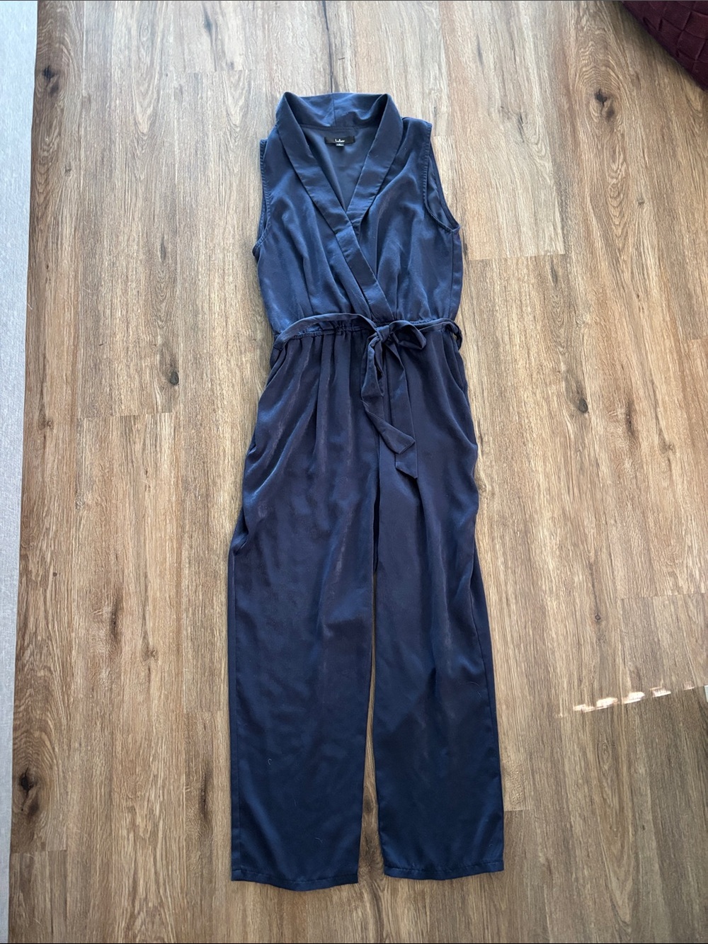 Lulu's Navy Sleeveless Wrap-Front Jumpsuit with Tie Waist